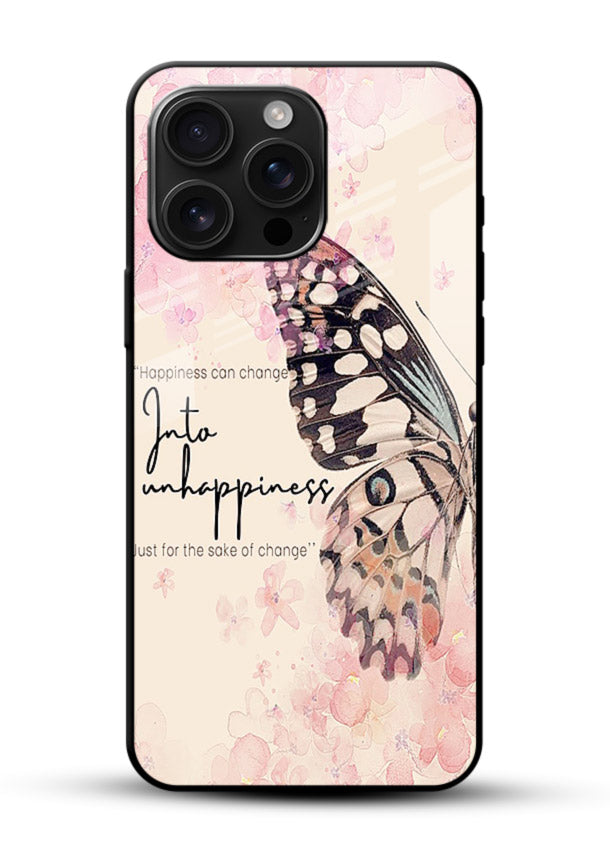 Butterfly floral artwork printed on glossy vibrant premium glass back cover with uplifting movement. - Angle Front