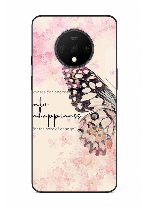 Butterfly floral artwork printed on OnePlus 7T glass back cover with uplifting movement.