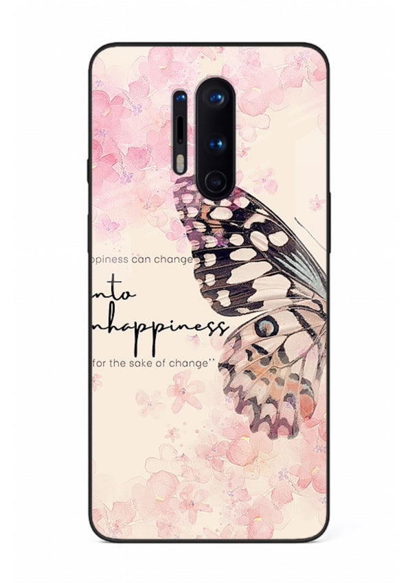 Butterfly floral artwork printed on OnePlus 8 Pro glass back cover with uplifting movement.