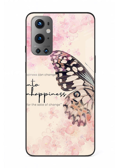 Butterfly floral artwork printed on OnePlus 9 glass back cover with uplifting movement.