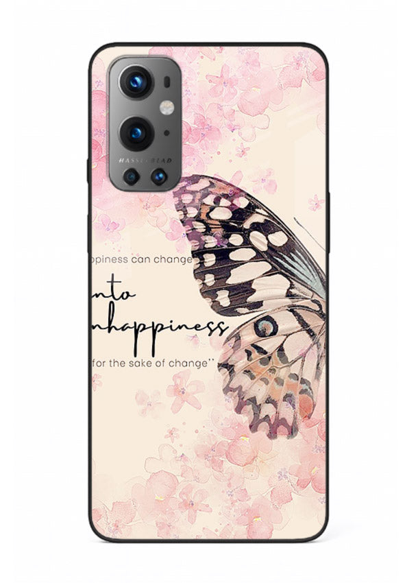 Butterfly floral artwork printed on OnePlus 9 glass back cover with uplifting movement.