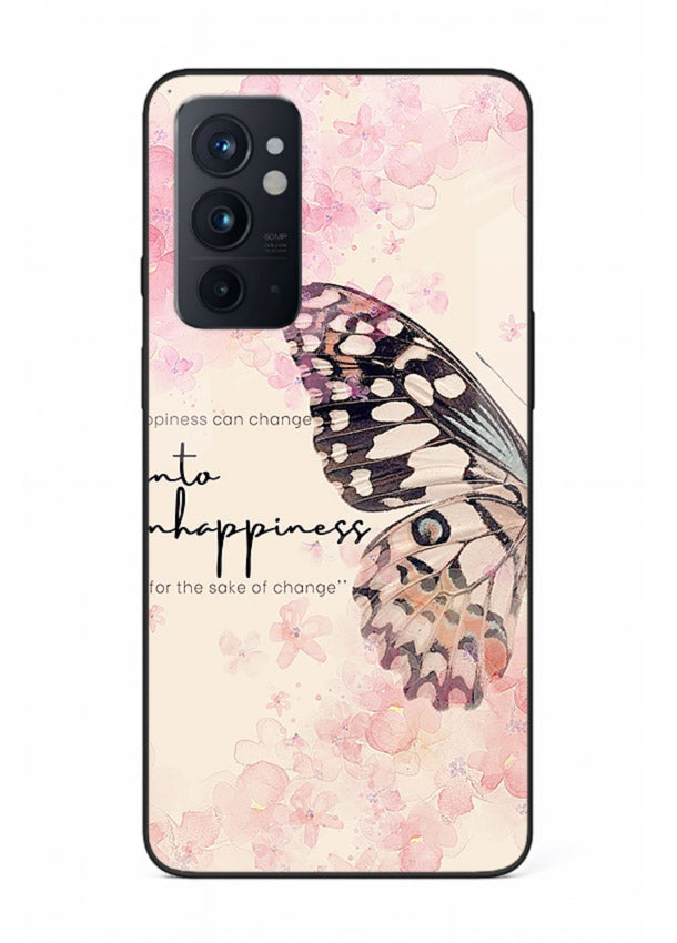 Butterfly floral artwork printed on OnePlus 9RT glass back cover with uplifting movement.