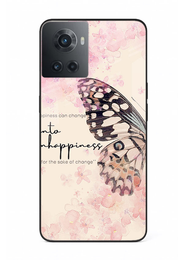 Butterfly floral artwork printed on OnePlus 10R glass back cover with uplifting movement.