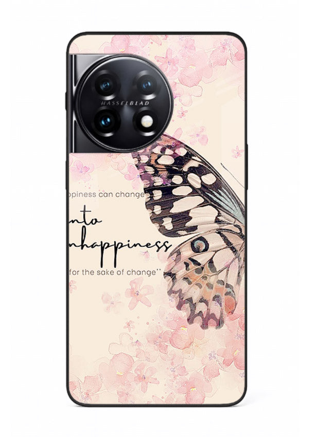 Butterfly floral artwork printed on OnePlus 11R glass back cover with uplifting movement.