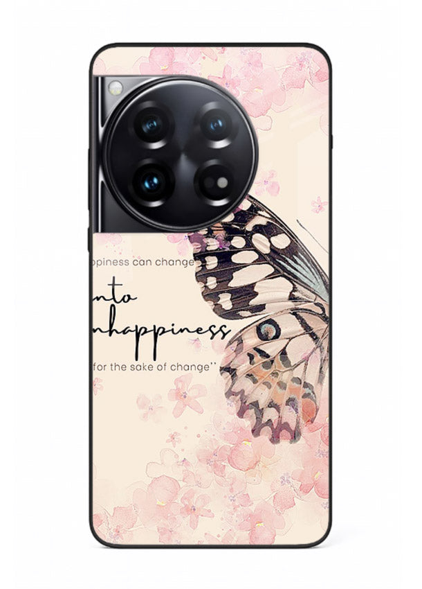 Butterfly floral artwork printed on OnePlus 12 glass back cover with uplifting movement.