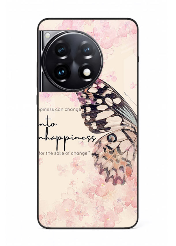 Butterfly floral artwork printed on OnePlus 12R glass back cover with uplifting movement.