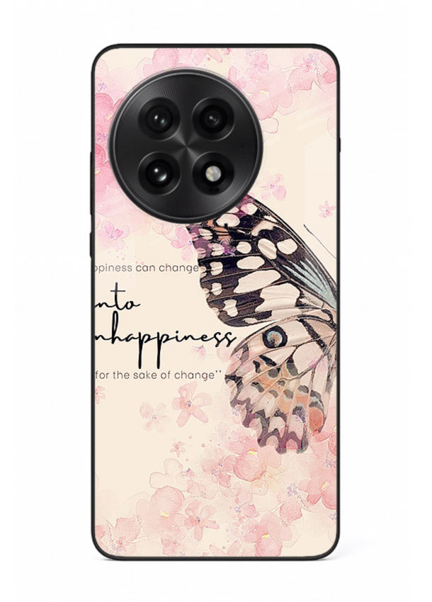 Butterfly floral artwork printed on OnePlus 13R glass back cover with uplifting movement.