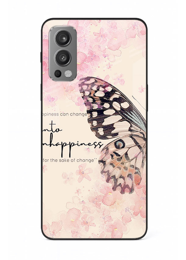 Butterfly floral artwork printed on OnePlus Nord 2 glass back cover with uplifting movement.