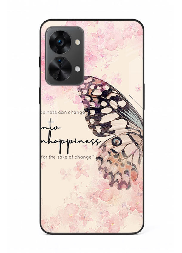 Butterfly floral artwork printed on OnePlus Nord 2T glass back cover with uplifting movement.