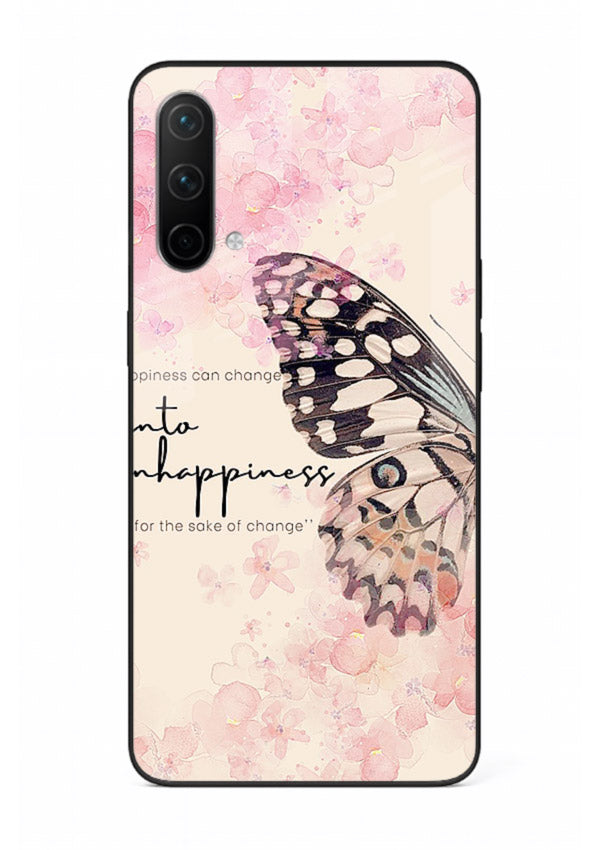 Butterfly floral artwork printed on OnePlus Nord CE 5G glass back cover with uplifting movement.