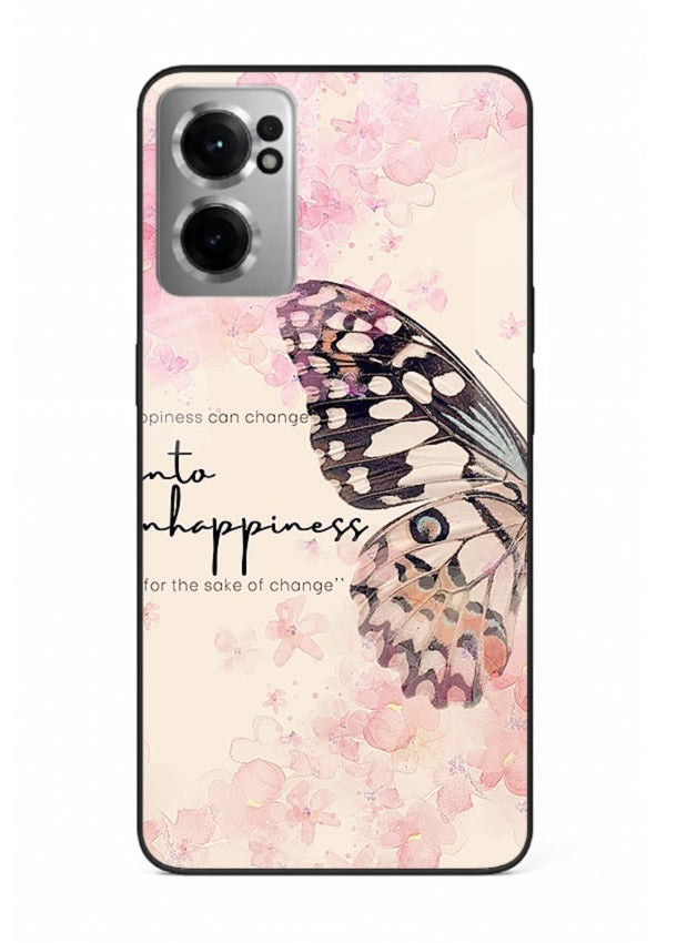 Butterfly floral artwork printed on OnePlus Nord CE2 5G glass back cover with uplifting movement.