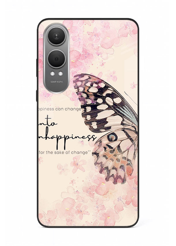 Butterfly floral artwork printed on OnePlus Nord CE4 Lite glass back cover with uplifting movement.