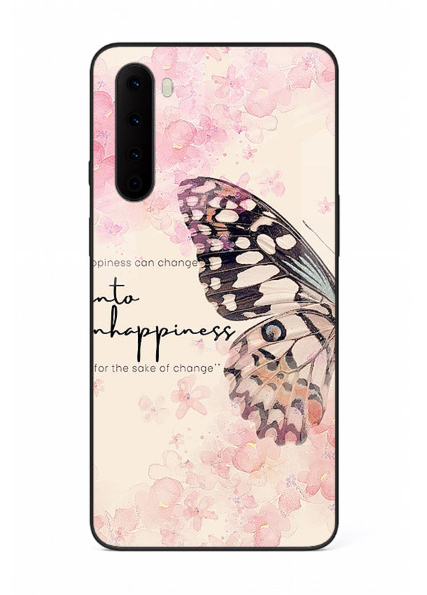 Butterfly floral artwork printed on OnePlus Nord glass back cover with uplifting movement.