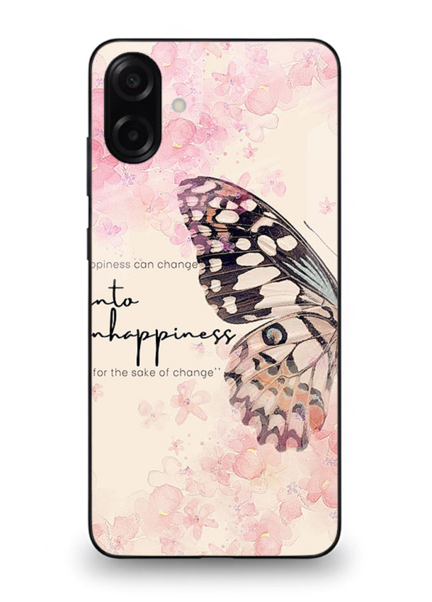 Butterfly floral artwork printed on Samsung A07 4G glass back cover with uplifting movement.
