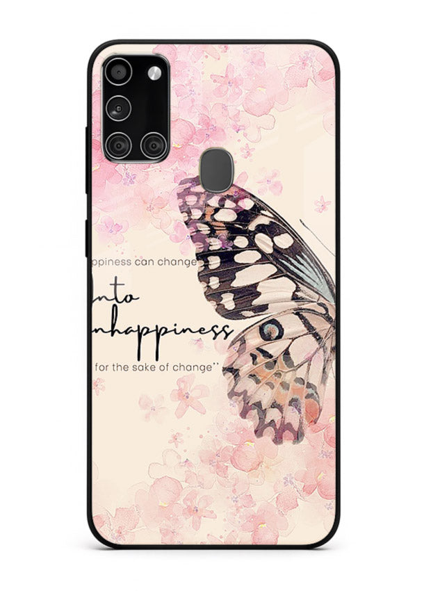 Butterfly floral artwork printed on Samsung A21s glass back cover with uplifting movement.