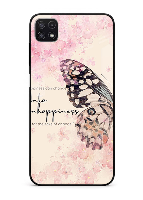 Butterfly floral artwork printed on Samsung A22 5G glass back cover with uplifting movement.