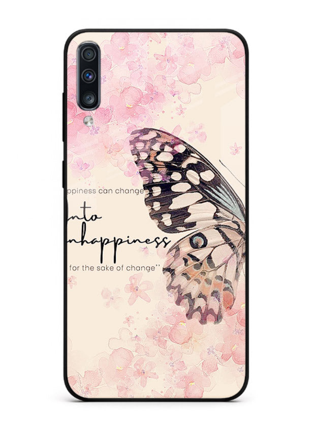 Butterfly floral artwork printed on Samsung A70 glass back cover with uplifting movement.