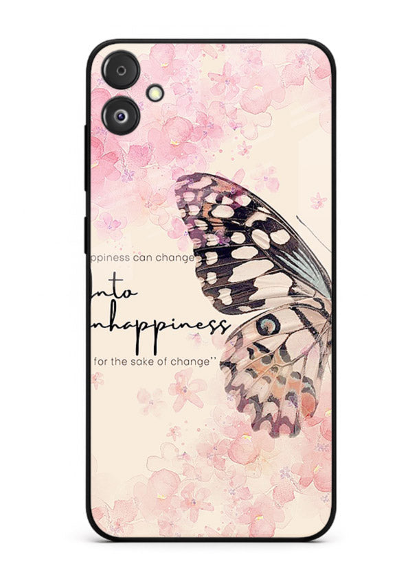 Butterfly floral artwork printed on Samsung F04 5G glass back cover with uplifting movement.