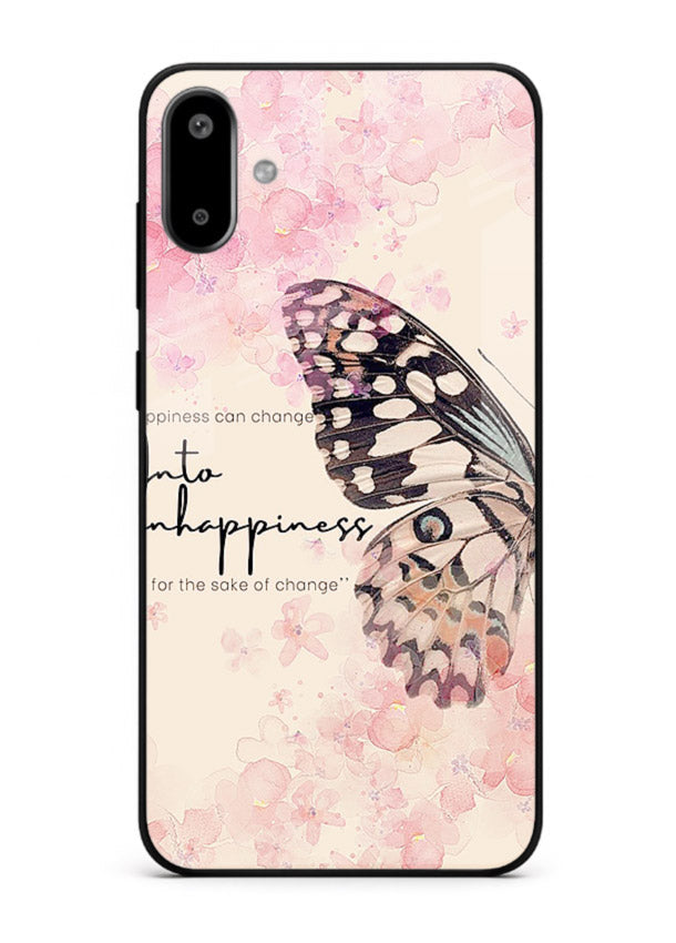 Butterfly floral artwork printed on Samsung F06 5G glass back cover with uplifting movement.