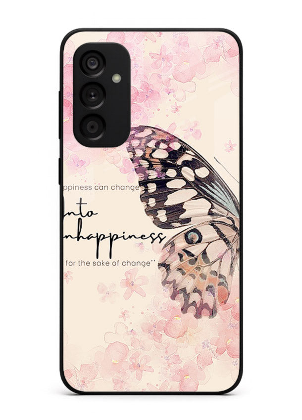 Butterfly floral artwork printed on Samsung F34 5G glass back cover with uplifting movement.