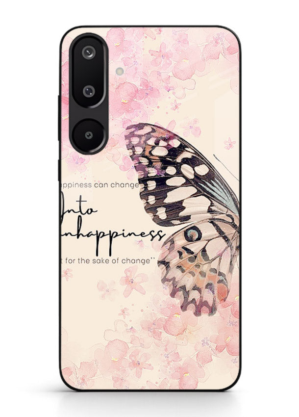 Butterfly floral artwork printed on Samsung F16 5G glass back cover with uplifting movement.