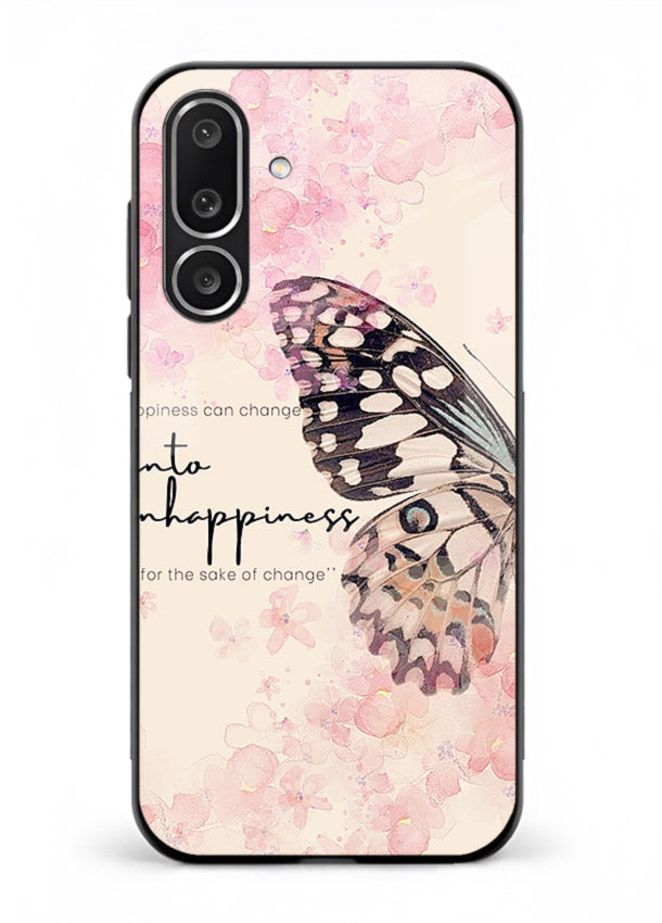 Butterfly floral artwork printed on Samsung M36 5G glass back cover with uplifting movement.
