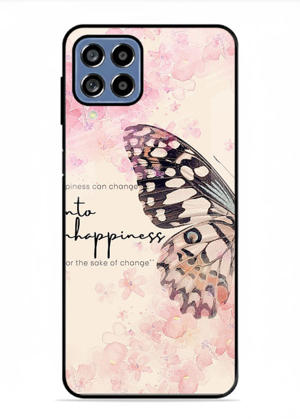 Butterfly floral artwork printed on Samsung F62 glass back cover with uplifting movement.