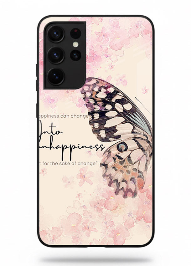 Butterfly floral artwork printed on Samsung S21 Ultra glass back cover with uplifting movement.