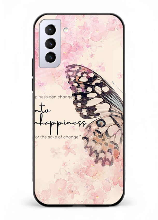 Butterfly floral artwork printed on Samsung S21 FE glass back cover with uplifting movement.