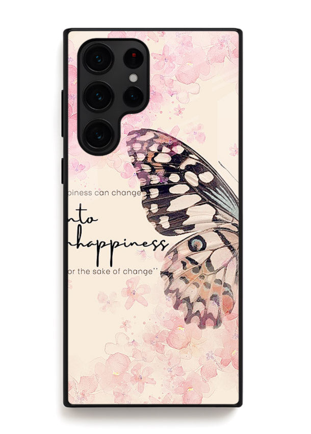 Butterfly floral artwork printed on Samsung S24 Ultra glass back cover with uplifting movement.