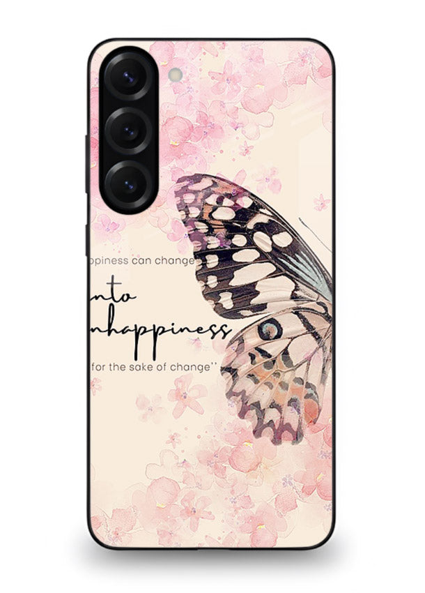 Butterfly floral artwork printed on Samsung S23 glass back cover with uplifting movement.