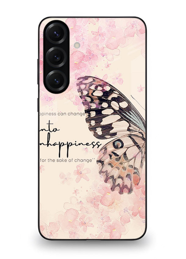 Butterfly floral artwork printed on Samsung A36 5G glass back cover with uplifting movement.