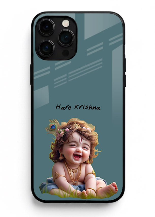 Happy Krishna smiling artwork iphone 14 pro max glass cover divine joyful theme