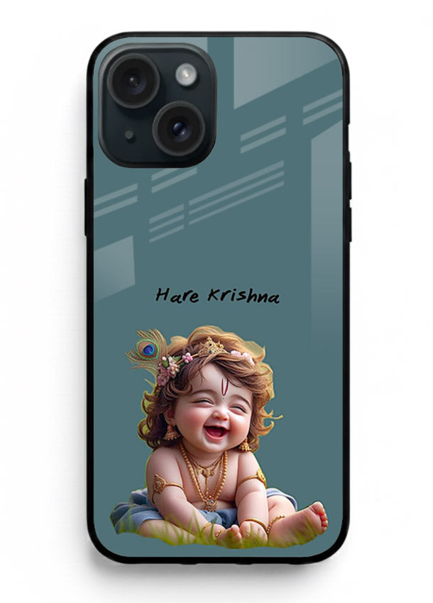 Happy Krishna smiling artwork iphone 13 glass cover divine joyful theme