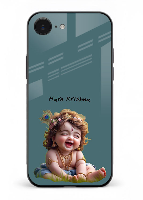 Happy Krishna smiling artwork iphone 16e glass cover divine joyful theme