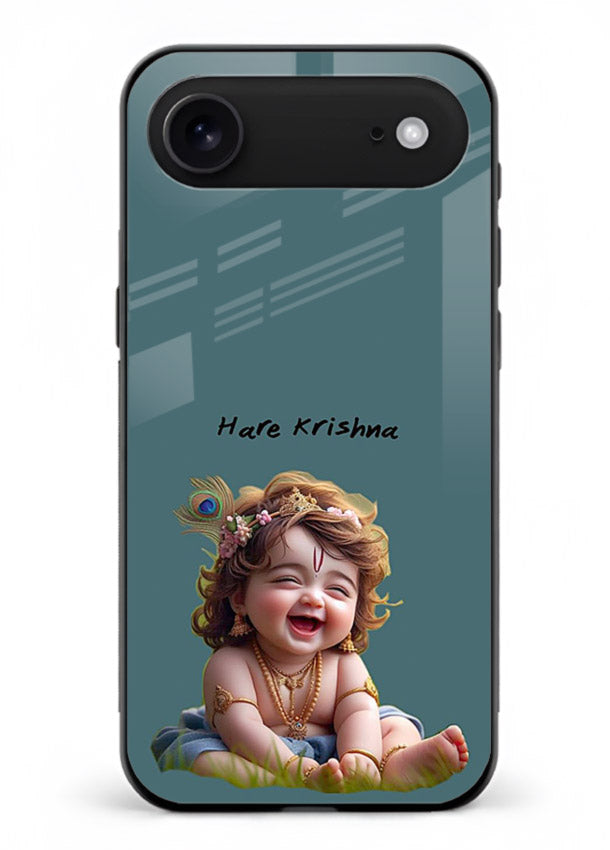 Happy Krishna smiling artwork iphone 18 air glass cover divine joyful theme