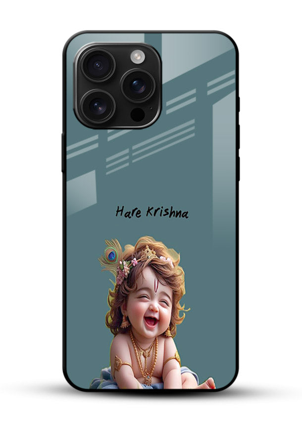 Happy Krishna smiling artwork glossy vibrant premium glass cover divine joyful theme - Angle Front