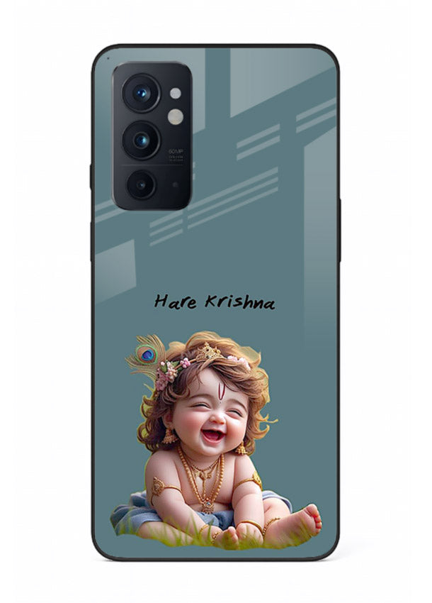 Happy Krishna smiling artwork OnePlus 9RT glass cover divine joyful theme