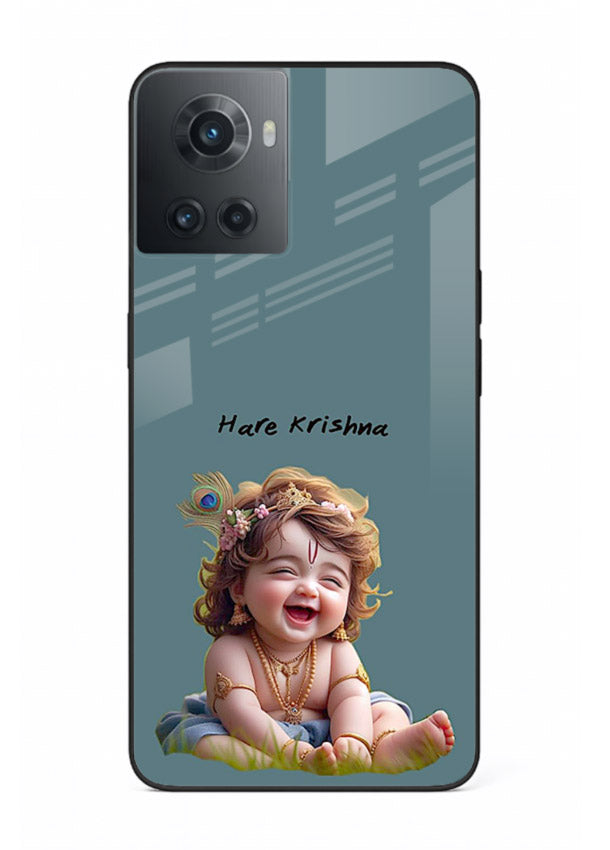 Happy Krishna smiling artwork OnePlus 10R glass cover divine joyful theme