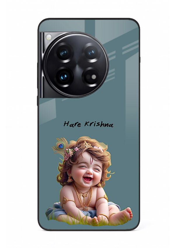 Happy Krishna smiling artwork OnePlus 12 glass cover divine joyful theme