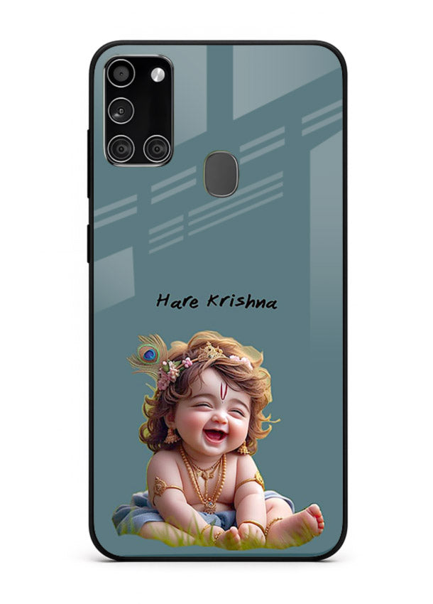 Happy Krishna smiling artwork Samsung A21s glass cover divine joyful theme