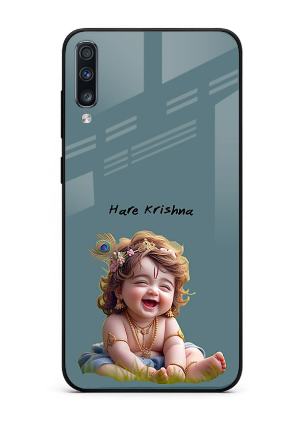 Happy Krishna smiling artwork Samsung A50 glass cover divine joyful theme