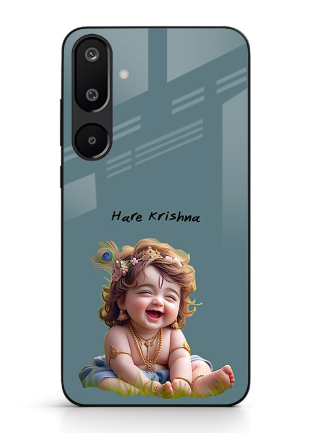 Happy Krishna smiling artwork Samsung F16 5G glass cover divine joyful theme