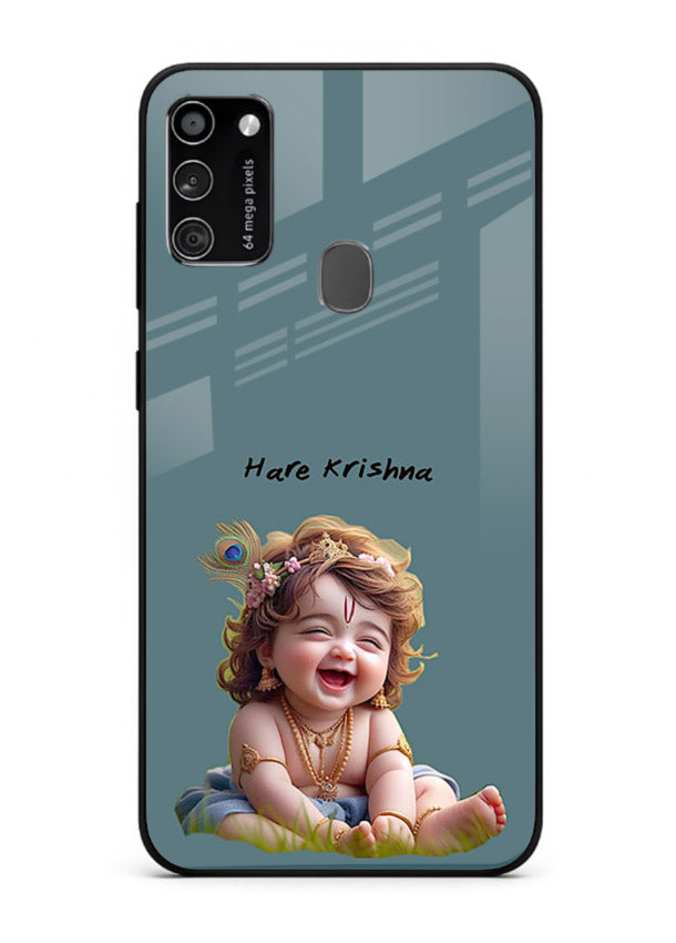 Happy Krishna smiling artwork Samsung M21 glass cover divine joyful theme