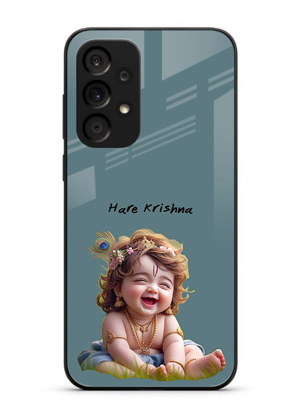 Happy Krishna smiling artwork Samsung M32 5G glass cover divine joyful theme