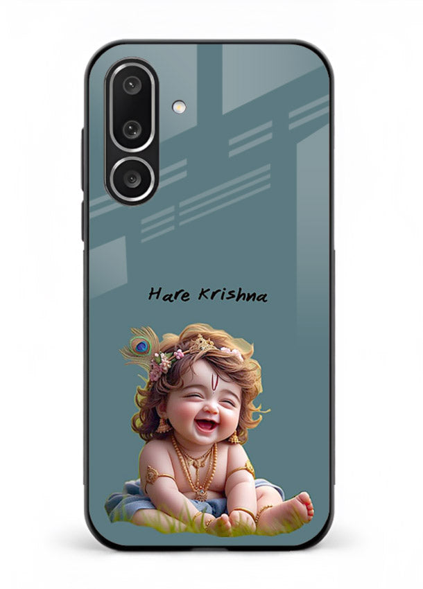 Happy Krishna smiling artwork Samsung M56 5G glass cover divine joyful theme