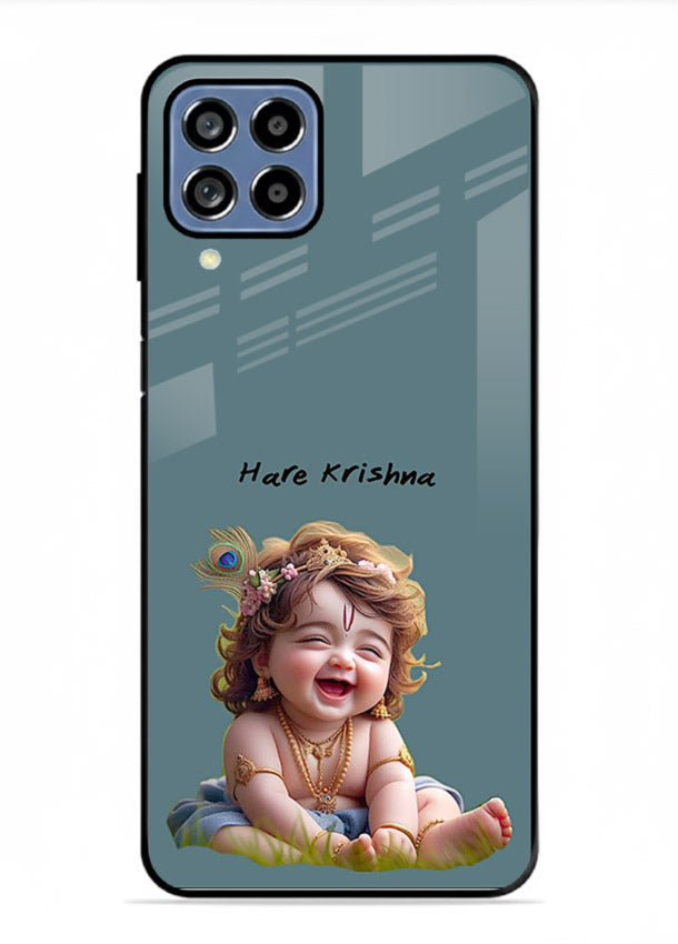 Happy Krishna smiling artwork Samsung M53 5G glass cover divine joyful theme