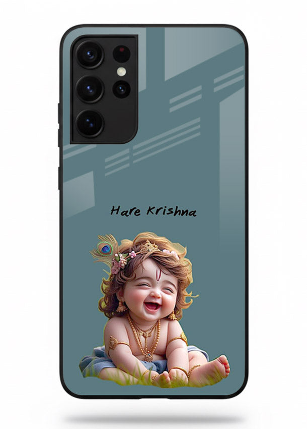 Happy Krishna smiling artwork Samsung S21 Ultra glass cover divine joyful theme
