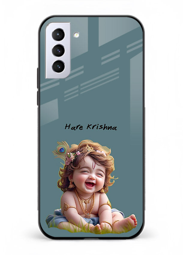Happy Krishna smiling artwork Samsung S21 Plus glass cover divine joyful theme