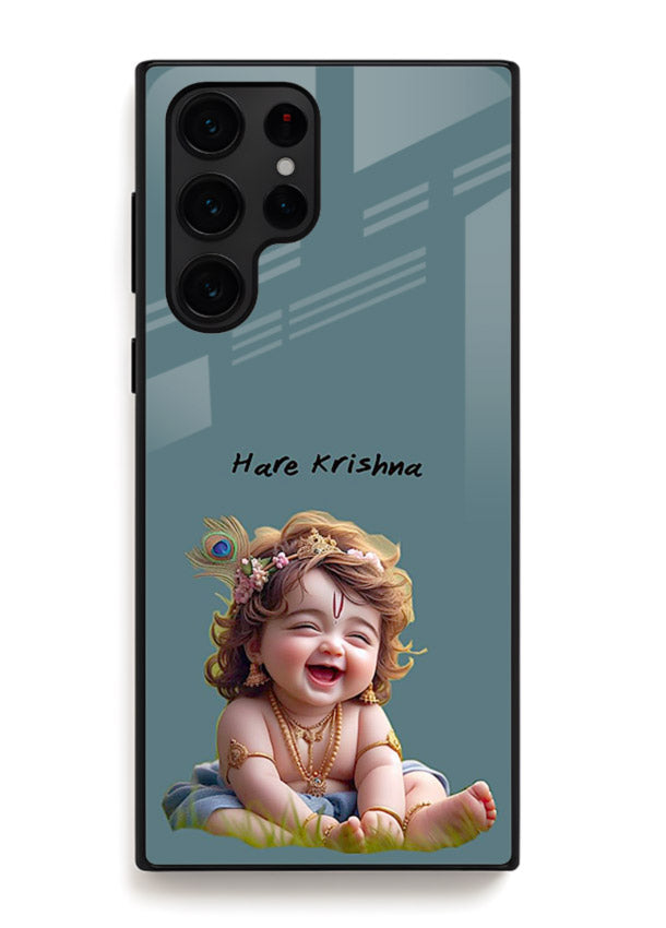 Happy Krishna smiling artwork Samsung S24 Ultra glass cover divine joyful theme